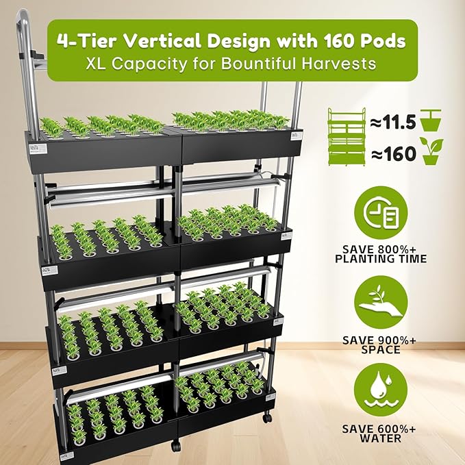Large 4-Tier Hydroponics Growing System Kit 160 Pods Vertical Hydroponic Garden with Full-Spectrum LED Grow Light Dual Auto Circulating Water Pumps 51L Indoor System for Herbs&amp Microgreens