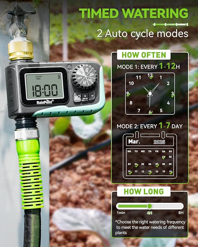RAINPOINT Sprinkler Timer with Brass Swivel Programmable Water Timer for Garden Hose with Rain Delay/Manual Watering Digital Irrigation System Kit for Lawns 1 Outlet