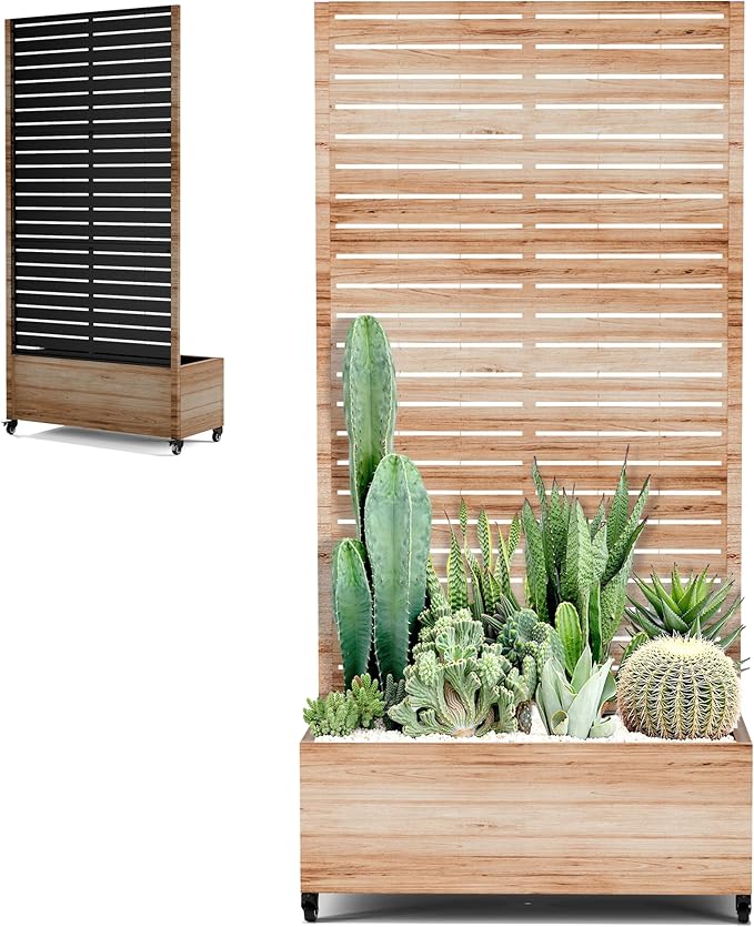 Metal Planter Box with Trellis for Patio Large Raised Garden Beds with Trellis Privacy Planter Box with Wheels Drainage Holes for Climbing Plants (35 L Square White Wood Grain)