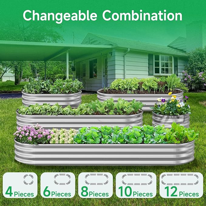 GreatBuddy Galvanized Raised Garden Bed 8×2×1ft Easy Assembly Outdoor Metal Planter Boxes for Vegetables Flower Herb Anti-Rust&amp Weather-Resistant Oval Silver
