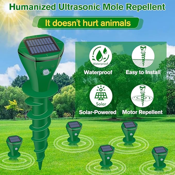 Mole Repellent Solar Powered2 Pack Ultrasonic Gopher Repeller IP65 Waterproof for Lawn Garden Yard Sonic Vole Repellent Mole Killer Outdoor Get Rid of Snake Groundhog Chipmunk Squirrels-Dark Green