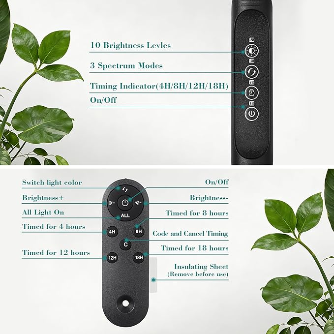 Grow Light for Indoor Plants Full Spectrum Floor Standing Plant Light Remote Control &amp 4/8/12/18H Timer 3 Modes 10 Dimmable Levels Stable Base for Tall Plants Succulents Herbs Black
