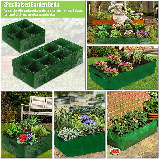 Fabric Raised Garden Bed 2 Pack 8 Grids and 4 Grids 128 Gallon Rectangle Grow Bags with Drainage Holes Breathable PE Planting Containers for Outdoor Vegetables Fruits Flowers