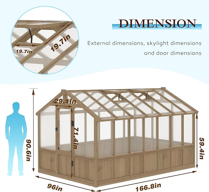 VEIKOU 8x14 FT Greenhouses for Outdoors Walk-in Wooden Greenhouse with Cedar Frame &amp Adjustable Vents Garden Green House with 6MM Thick Polycarbonate Panel for Outside Backyard Light Brown Moc
