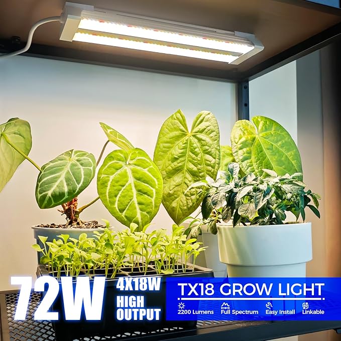 Barrina TX18 1FT LED Grow Light 72W(4 x 18W 360W Equivalent) High PPFD Full Spectrum with 660nm Red LED Hang Grow Light from Seed to Flower with On/Off Switch Mechanical Timer Linkable 4 Packs