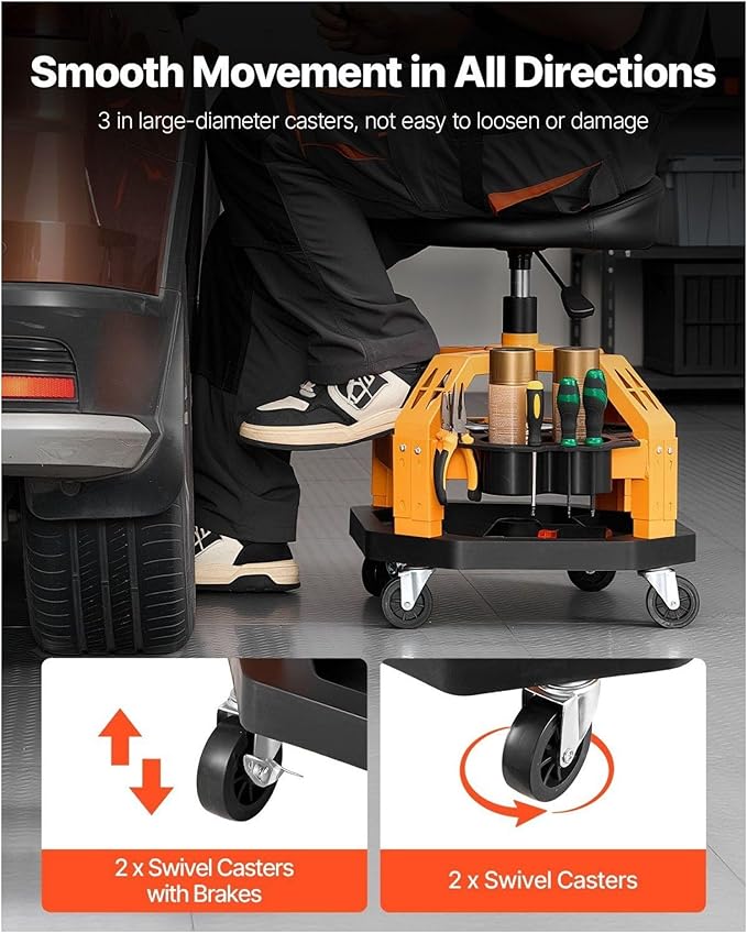Rolling Shop Stool Heavy-Duty Garage Work Seat 300 Lbs Capacity Adjustable Height Dual Trays 360° Casters
