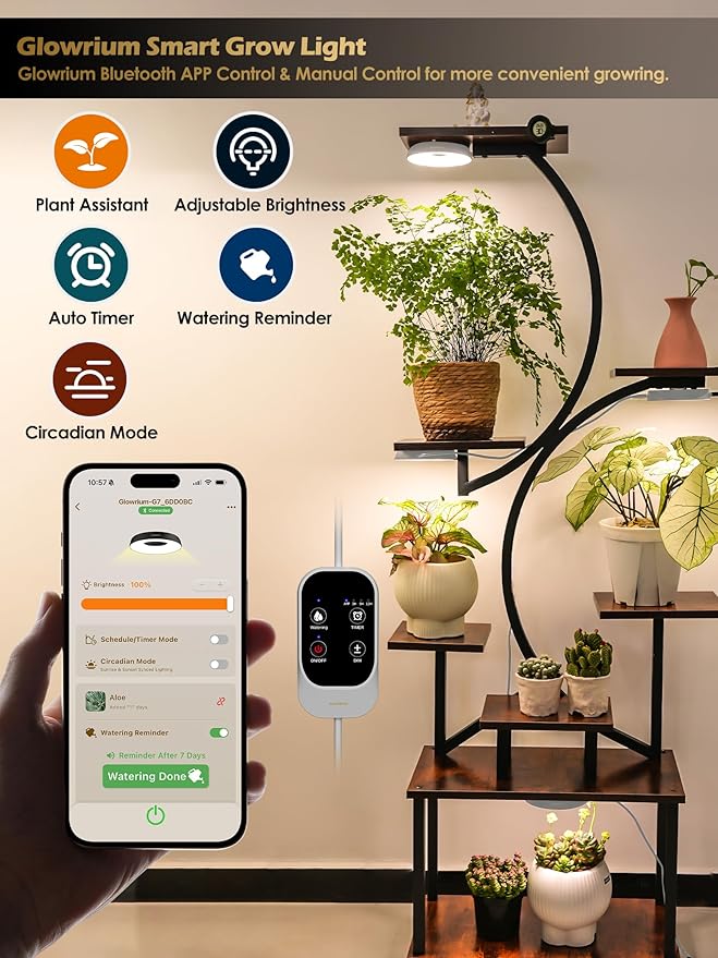 GLOWRIUM Grow Lights for Indoor Plants 32W Smart Full Spectrum LED Grow Light Auto Timer and Stepless DimmingPlant Assistant with Watering ReminderModular Design(White 4PCS)