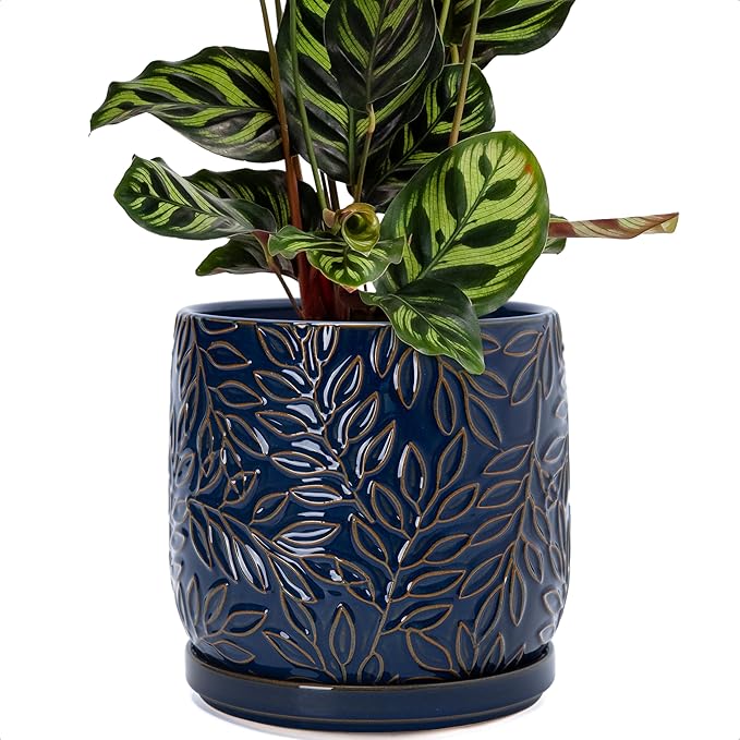 D'vine Dev 8 Inch Embossed Leaves Stoneware Planter Pot with Drainage Hole and Saucer Midnight Blue 27-A-Q-3
