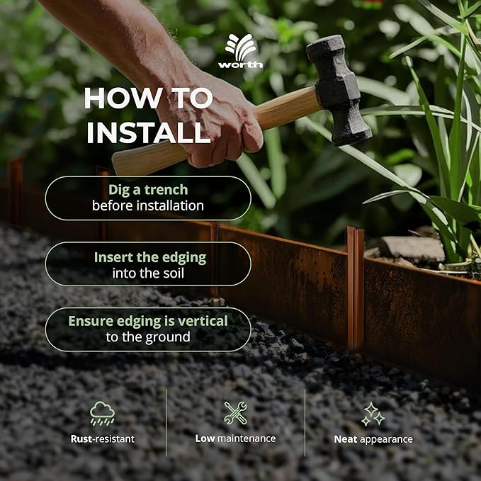 Worth Galvanized Steel Landscape Edging Roll Flexible Metal Garden Border Fence with 8 Stakes for Lawn Flower Bed Yard 8 Inch x 25 Foot Rust