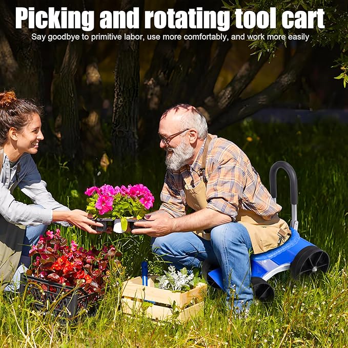 Rolling Garden Work Seat with Wheels Gardening Stool for Planting 360 Degree Swivel Seat Gardening Scooter with Steering Handle &amp Tool Tray for Outdoor Patio and Yard