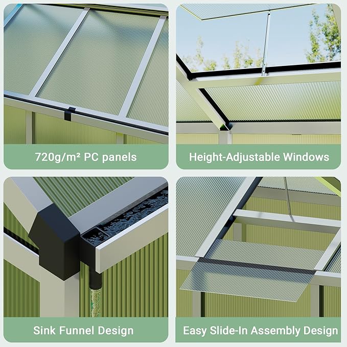 6X10 FT Greenhouse Polycarbonate Garden Greenhouse for OutdoorsAluminum Frame Green House with Lockable Door and Adjustable Roof Vent Ideal for Backyard Patio and Outside Growing