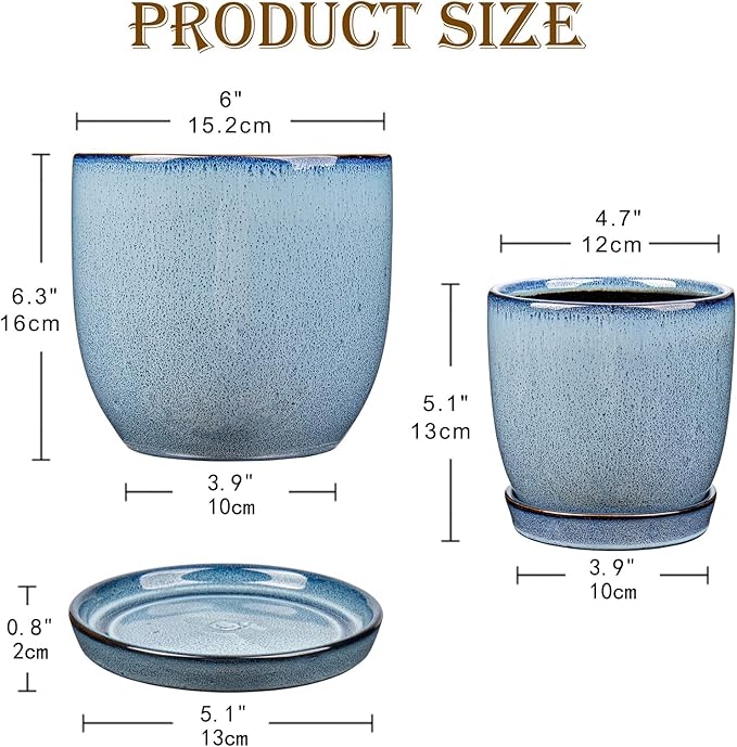 Ceramic Plant Pots 6 Inch + 5 Inch Set of 2 Flower Plants Pot with Drainage Holes and Saucers Tray Blue Planter Garden Pot for Succulent Cactus Home Decoration Gift Indoor Outdoor