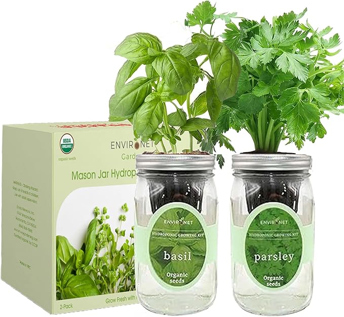 2-Pack Hydroponic Mason Jar Herb Garden Kit Indoor Herb Garden Self-Watering Starter Kit (Basil Parsley)