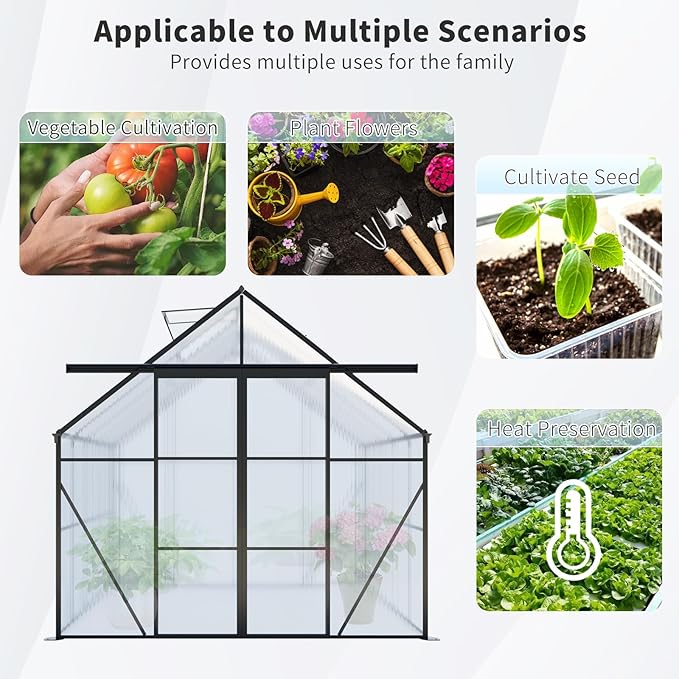 8x6 Greenhouse for Outdoor with Double Door and Adjustable Roof Walk-in Polycarbonate Gardening Green House with Raised Base and Anchor Drainage System for Backyard Lawn Black