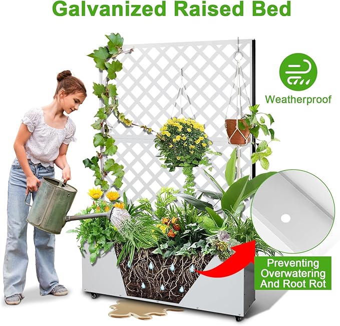GarveeLife Metal Planter Box with Trellis 73x47x12 Raised Garden Bed with Privacy Screen Galvanized Steel Planter Box with Drainage Holes for Outdoor Climbing Plants White