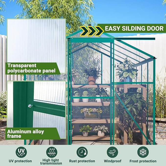 6x8 FT Walk-in Greenhouse Kit with Polycarbonate Panels &amp Aluminum Frame Green Houses for Outside with 2 Vents Greenhouses for Outdoors with Lockable Door Backyard Discovery Greenhouse (Green)