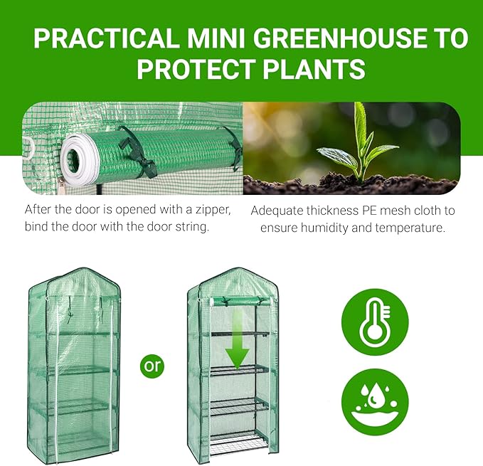4-Tier Mini Greenhouse Indoor Outdoor with PE Cover and Roll-Up Zipper Door Portable Waterproof Cloth Greenhouse Tent Grow Seeds &amp Seedlings 27.17X19.29X63''Green