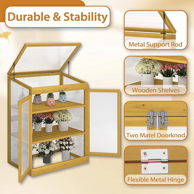 Greenhouse Wooden Cold Frame Greenhouse Garden Portable Mini Greenhouse Cabinet2-Tier Wooden Cold Frame Garden Greenhouse with Transparent Polycarbonate Sheet Keep Plant Warm Enough (Brown)