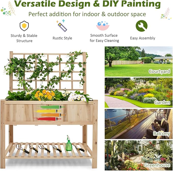 Giantex Wood Planter with Trellis Standing Raised Garden Bed Liner Storage Shelf Elevated Plant Box Stand for Climbing Flower Vegetable Herb Indoor Outdoor Patio Lawn Balcony