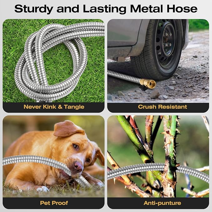 50FT Stainless Steel Metal Garden Hose - Lightweight Kink-Free &amp Tangle-Free Flexible with Brass Fittings On/Off Valve Pet Proof Puncture Proof for Yard RV Car Washing (Silver)