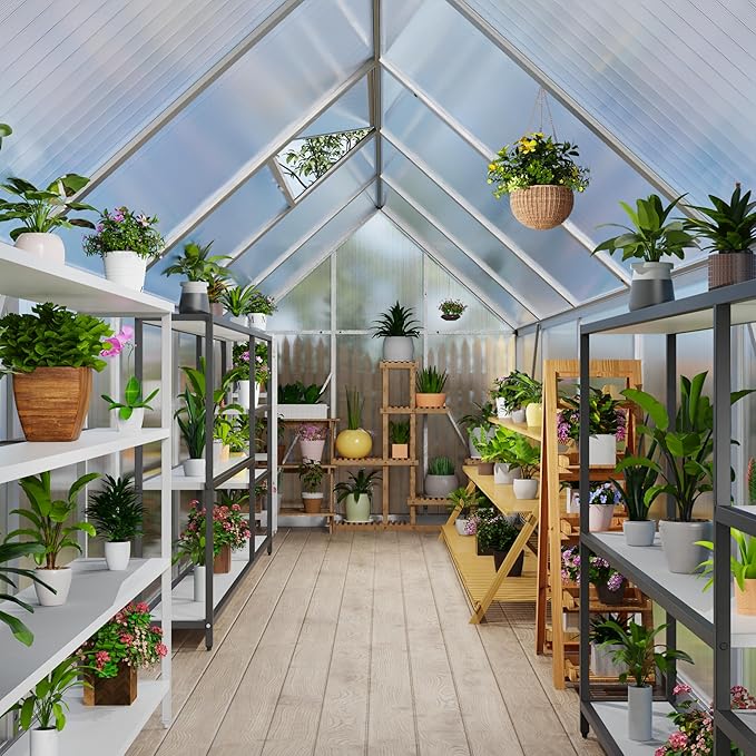 6’ x 9’ Greenhouse for Outdoors Windproof Robust Aluminum Walk-in Greenhouse with Roof Vent Window for Garden Backyards Plants Easy Assembly Silver