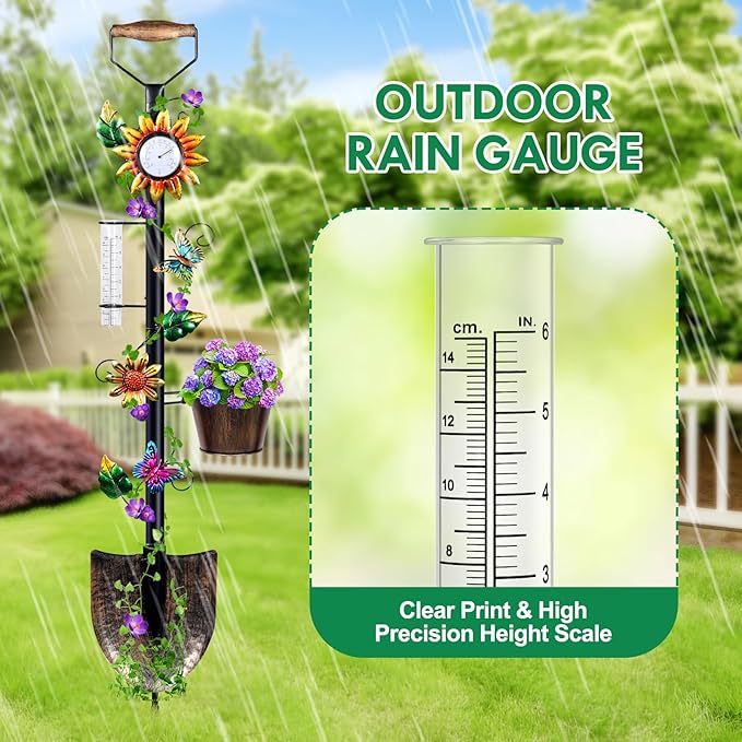 Garden Trellis with Thermometer Rain Gauge Outdoor 55 Inch Shovel Plant Trellis with Planters for Climbing Plants - Decorative for Patio Lawn Yard Backyard