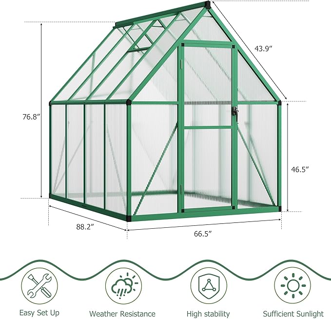 6×7FT Greenhouses for Outdoors Aluminum Polycarbonate Greenhouses with Roof Vent - Heavy-Duty Walk-in Green Houses for All-Season Backyard Gardening