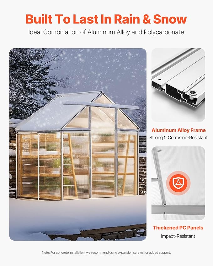 VEVOR Polycarbonate Greenhouse 6 x 4 Ft Outdoor Greenhouse with Adjustable Vent Windows Pavilion Styled Green House with Sliding Door Aluminum Large Walk-in Greenhouses Kit for Garden Backyard