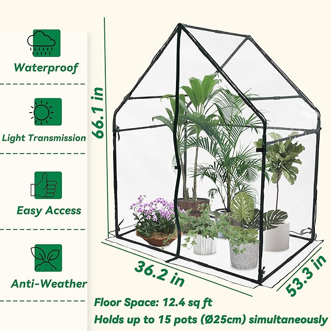 Gardzen Small Walk-in Greenhouse Heavy Duty Portable Green House for Outside with Sturdy Frame &amp Clear Cover Protects Plants from Cold Rain 36.2(L) x53.3(W) x66.1(H)