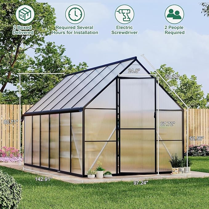 Greenhouse 8x12 FT Aluminum-Framed Heavy Duty Polycarbonate with Quick Setup Structure and Roof Vent Large Enhanced Outdoors Green House Kit
