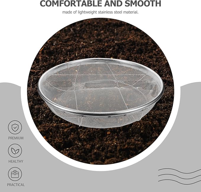 BESPORTBLE Garden Potting Mesh Sieve Sifting Pan Stainless Steel Soil Sifter Gardening Manual Soil Sieve Filter Sifting Pans for Mining 2mm Hole Diameter