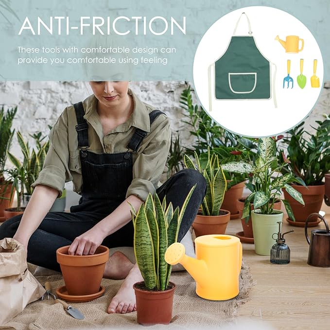 DOITOOL Mini Garden Tool Set Mini Shovels and Rake Outdoor Planting Supplies Watering Can and Solid Color Apron Small Hand Tools for Gardening Activities