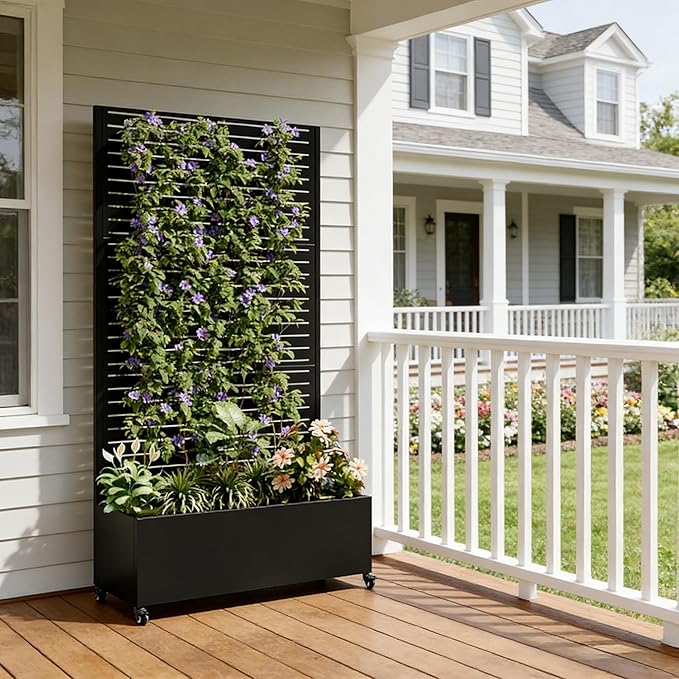 Metal Planter Box with Trellis Privacy Screen Raised Garden Bed with 4 Wheels Privacy Planters for Patio Planter Box with Drainage Holes for Climbing Plants Vegetables (Rectangle)