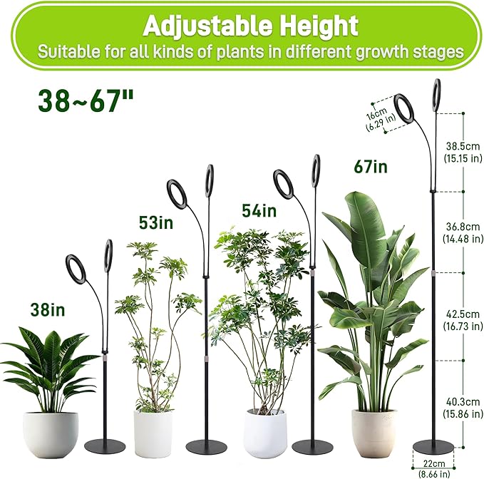 Grow Lights for Indoor PlantsDouble Head Full Spectrum LED Plant Light with Stand6 Dimmable Levels &amp 3 Lighting Modes Auto On Off Timer 3/9/12H 38-67 inches Adjustable Height Black