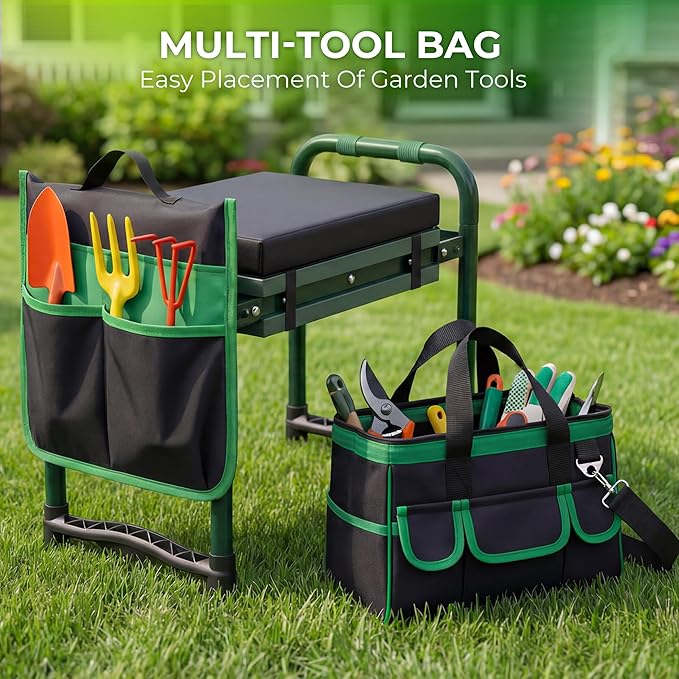 Walensee Foldable Garden Kneeler and Seat with Cross-Body Tool Bag &amp Removable Tool Pouch Heavy Duty Garden Stool with Soft Leather Kneeling Pad No Assembly Ideal Gardening Gift for Women &amp