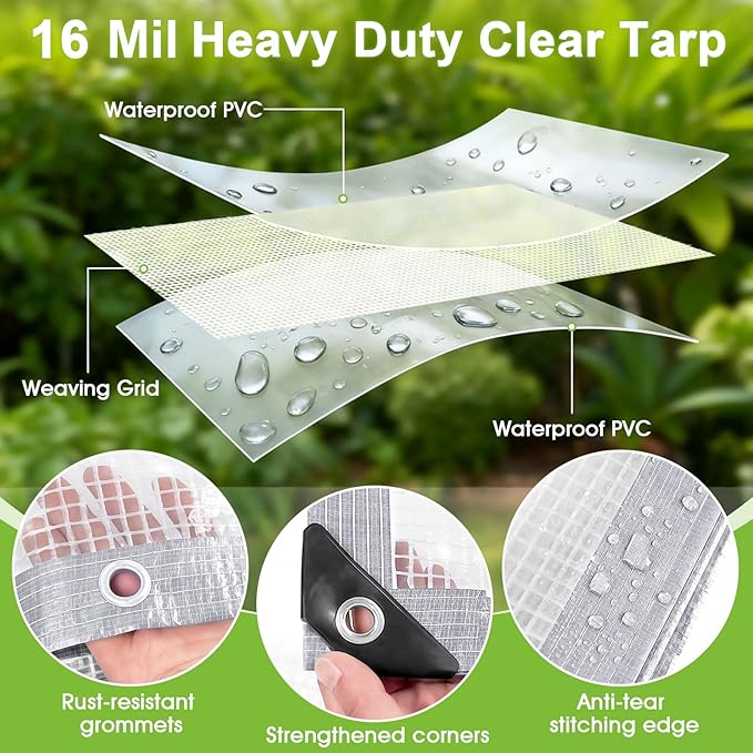 16 Mil Clear Plastic Tarps Heavy Duty Waterproof 12x16 FTGreen House Plastic Covering SheetingUV Resistant Greenhouse Cover Clear Tarp with Grommets for GardenFarmsNurseryChicken Coop Winter Wrap