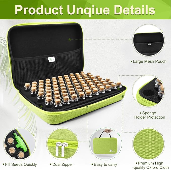 【80 Slots】 Seed Storage Organizer Sturdy Organizer Box with Dual Zipper Bag and 84Pcs Label Stickers Glass Seed Storage Container for Flower Vegetable Plants Garden Seeds Saving Green