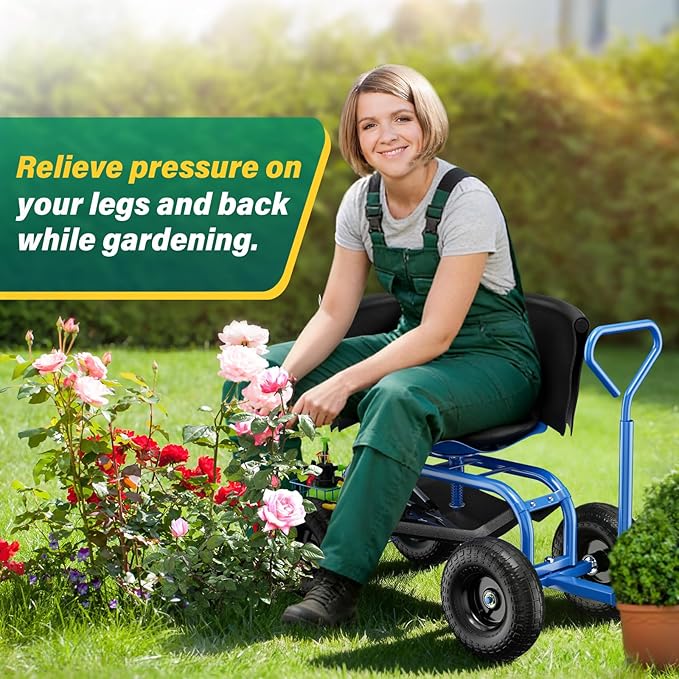 Garden Seat with Wheels Rolling Garden Stool with Adjustable 360°Swivel Seat Storage Basket &amp Extendable Handle Outdoor Gardening Scooter Garden Cart Workseat Stools for Seniors