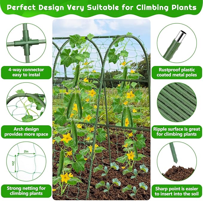 Cucumber Trellis for Raised Bed Garden U-Shape Arch Trellis for Climbing Plants Outdoor Metal Vegetables Trellis with Netting Garden Trellis for Cucumber Plants Sweet Pea Bean