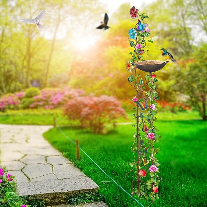 57” Bird Bath with Garden Trellis for Climbing Plants Outdoor Small Decorative Trellises Metal Birdbath Bird Baths 1 Piece (Butterfly)