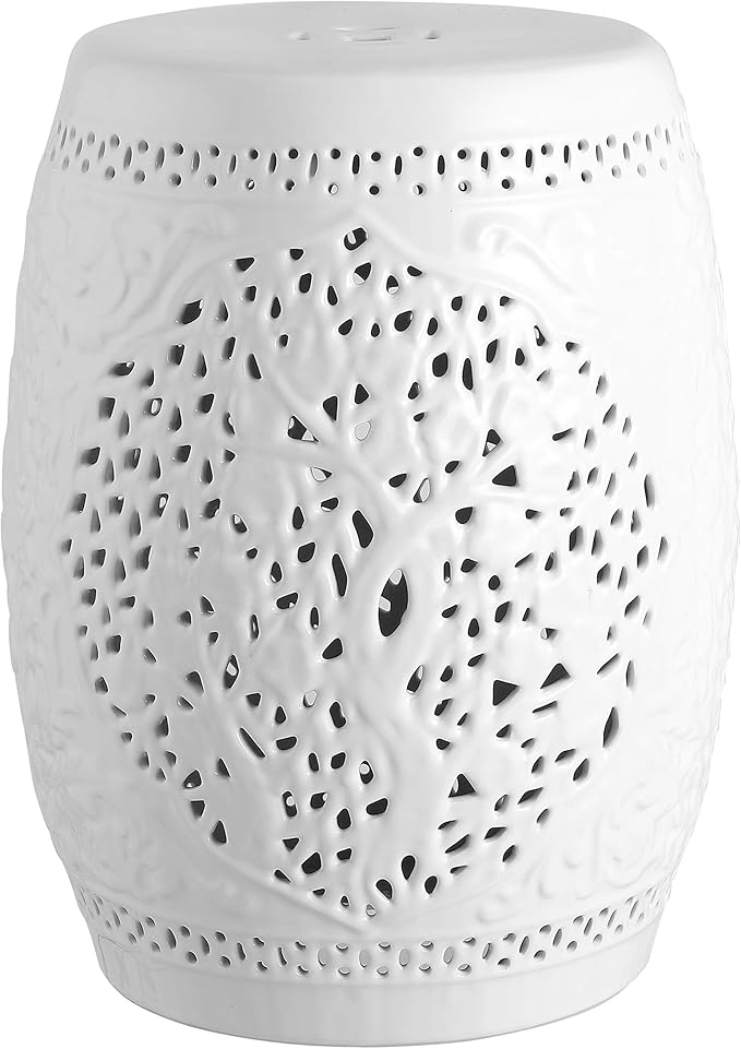 Eyely LBT1002A Tree of Life 18 Ceramic Garden Stool White for Coastal Contemporary Transitional