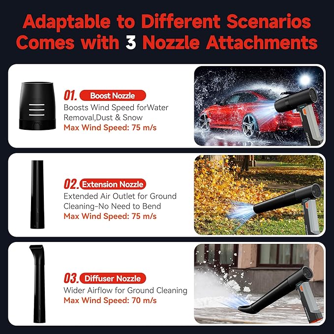 Oley Cordless Car Dryer Air Blower 1.6KG Turbo Thrust 4-Speed Rechargeable Electric Leaf Blower with LED Light 4000mAh Battery 64mm Turbo Fan &amp 3 Nozzles for Car Drying Leaves &amp Snow (Ony