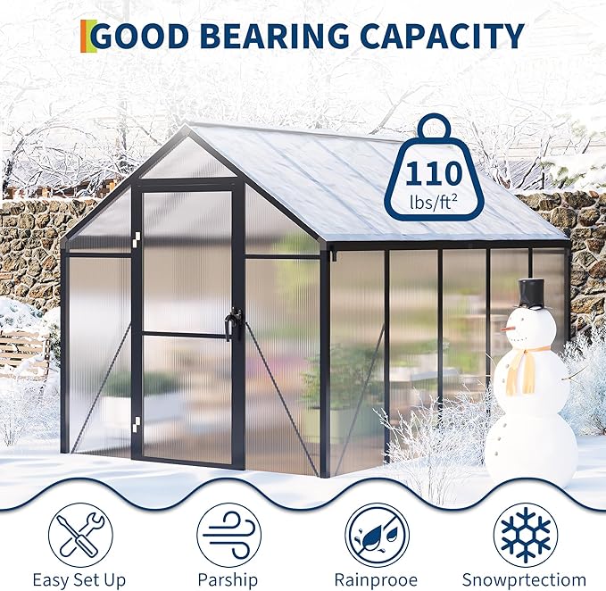 6×10FT Greenhouses for Outdoors Aluminum Polycarbonate Greenhouses with Roof Vent - Heavy-Duty Walk-in Green Houses for All-Season Backyard Gardening
