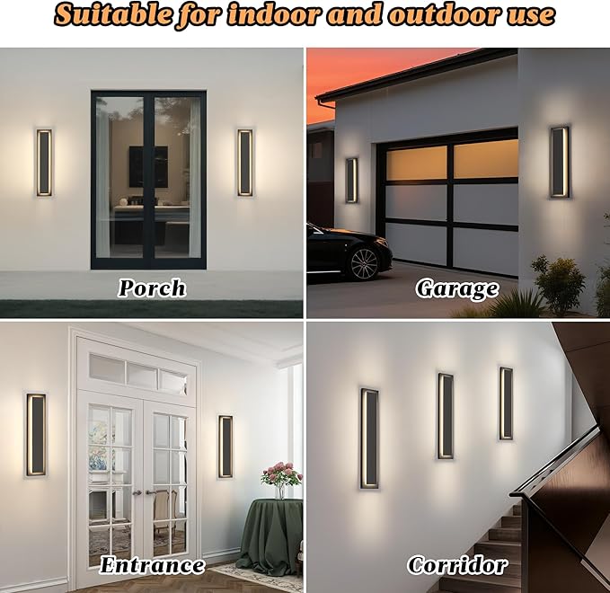 Modern Outdoor Wall Lights -𝟐𝟒 𝐈𝐍 Long Exterior Lighting FixturesBlack LED Outdoor Wall Sconce Use for HousePorchGarageFront Door PatioIP65 Waterproof3000K Warm White24W2 Packs