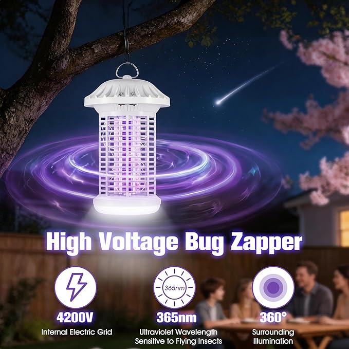 Bug Zapper Indoor &amp Outdoor Water Proof Mosquito Zapper with LED Light 4200V Electric Bug Zapper for Home Patio Office Courtyard（White）