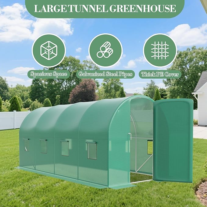 6.5 ft x 15 ft Heavy Duty Walk-in Greenhouse for Outdoor Gardening Plant Growth with Galvanized Steel Frame Green PE Cover A Swing Door &amp 8 Vent Windows for Year-Round Gardening