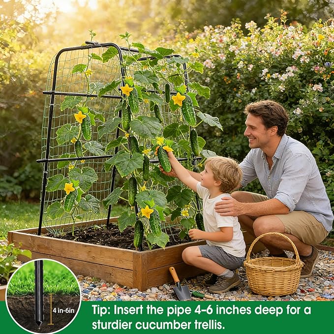 Cucumber Trellis for Raised Bed and Garden 47 H x 31 W U-Shaped Metal Garden Trellis for Climbing Plants with Nylon Netting Vegetable Support Frame