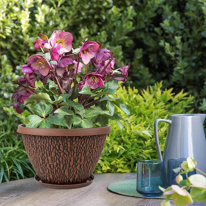 4 Pack Flower Pots Outdoor 10 Inch Plant Pot with Drainage Hole &amp Tray Thickened Plastic Planters for Indoor Outdoor Plants Lightweight Brown Decorative Garden Pot with Saucer