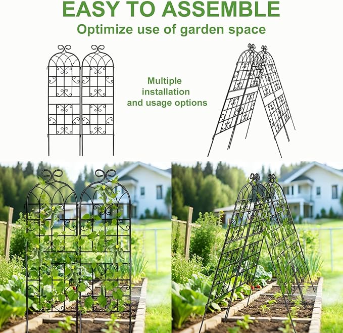 YOBAZAN 4 Pack 72x20in Rustic Iron Arch Decoration Garden Trellis with Black Metal Coating – Perfect for Supporting Climbing Plants Outdoor Roses Vines Flowers and Vegetables.