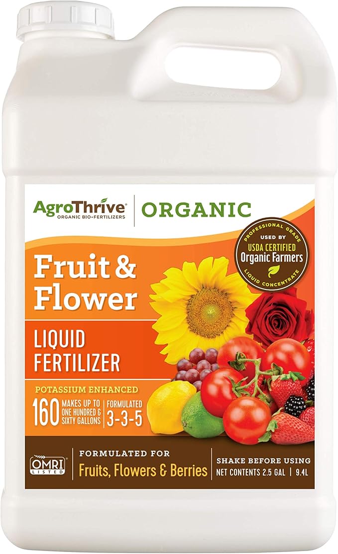AgroThrive Fruit and Flower Organic Liquid Fertilizer - 3-3-5 NPK (ATFF1320) (2.5 Gal) for Fruits Flowers Vegetables Greenhouses and Herbs
